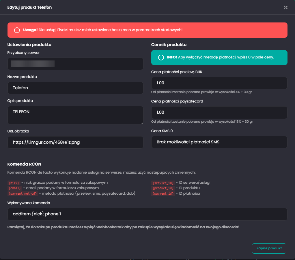 Przykładowe dodanie komendy RCON